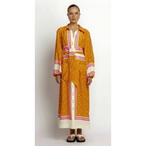 Sunset Lover $1299 Elbaz 100% Silk Buttoned Caftan Dress Scarfe Print US 12